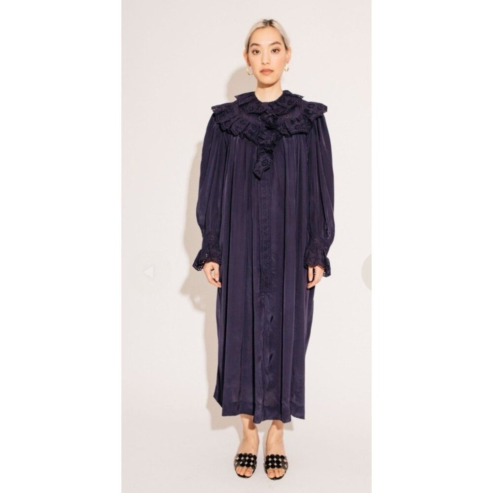 Nikki Chasin Small Sonnet Dress Ruffle Collar Cuff Eyelet Button Maxi Silky Navy